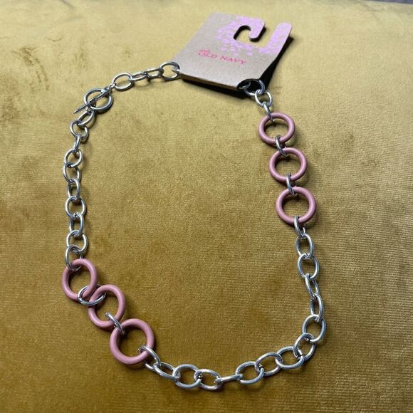 NIP Old Navy Silver Tone & Pink Large Chain Link Necklace - OS - Picture 1 of 5